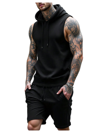 RoseSeek Men's 2 Piece Workout Tracksuit Sleeveless Hoodie Tank Top and Track Shorts Clothing Set Black Small