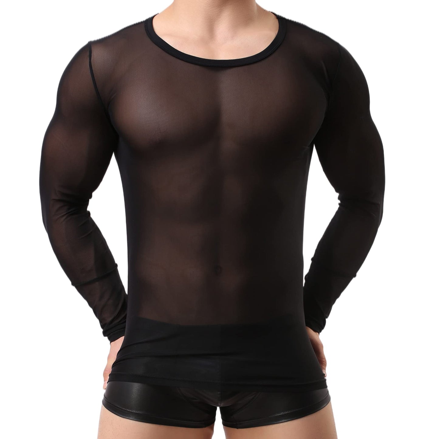 Crongless Men's Sexy Tank Top, Mesh Long Sleeves Transparent T-Shirt See Through Vest (Black, XL=Usually L)