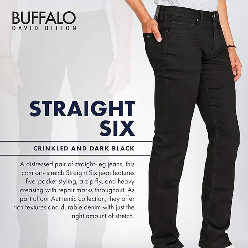 Buffalo David Bitton Men's Straight Six Jeans, Crinkled and Dark Black, 32x30