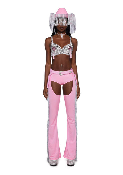 Dolls Kill Giddy Up Rhinestone Cowgirl Costume by Trickz N’ Treatz – Women’s Sequin Bra Top with Fringe Chaps & Hat, Pink, Medium