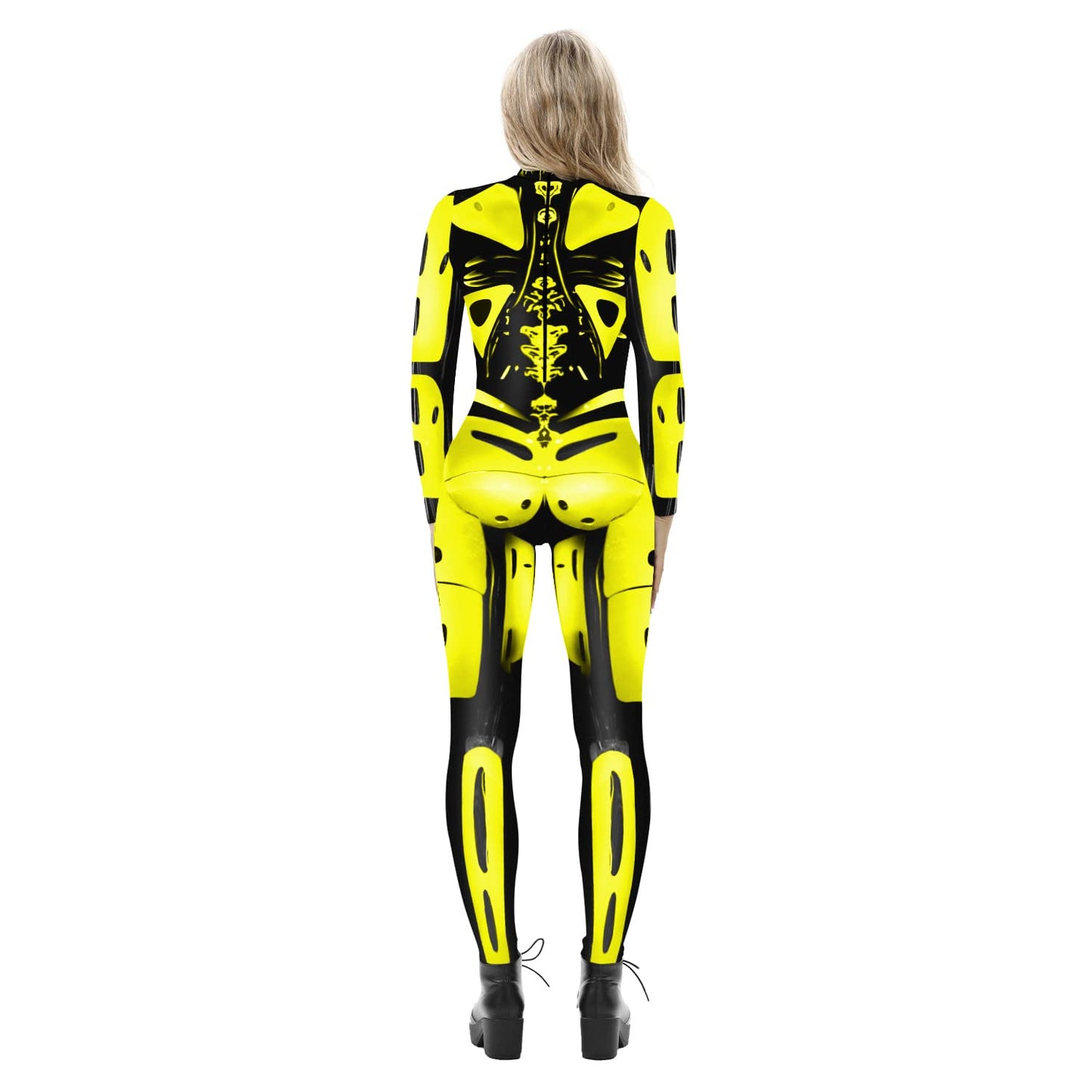 Women's 3D Mechanical Robot Skeleton Print Halloween Jumpsuit Romper Cosplay Costume Yellow M