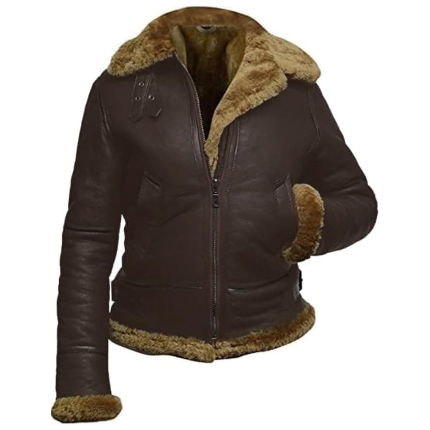 TRESSANO Women's Hooded Leather Jacket - Faux Fur Shearling Aviator Pilot Bomber Genuine Sheepskin Leather Jackets for Women (US, Alpha, Medium, Regular, Regular, Brown)
