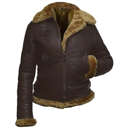 TRESSANO Women's Hooded Leather Jacket - Faux Fur Shearling Aviator Pilot Bomber Genuine Sheepskin Leather Jackets for Women (US, Alpha, Medium, Regular, Regular, Brown)