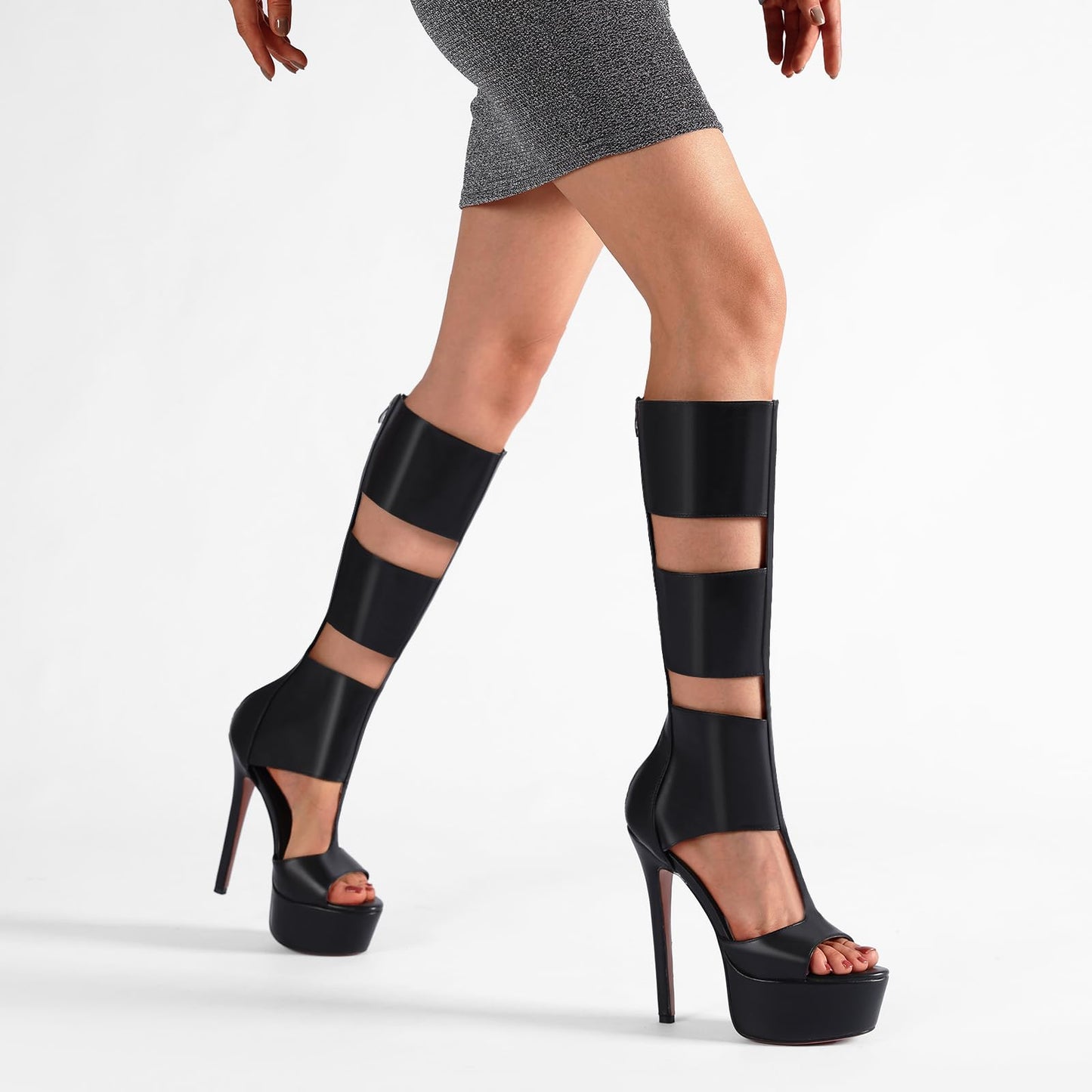 Fancy Queen Platform Knee High Heels for Women, Gladiator Open Toe Summer Boots Black Heels Sandal, Sexy Style Casual for Party
