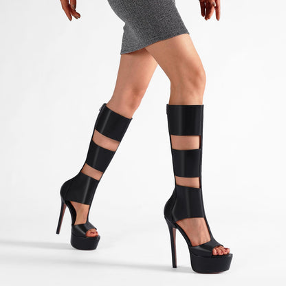 Fancy Queen Platform Knee High Heels for Women, Gladiator Open Toe Summer Boots Black Heels Sandal, Sexy Style Casual for Party