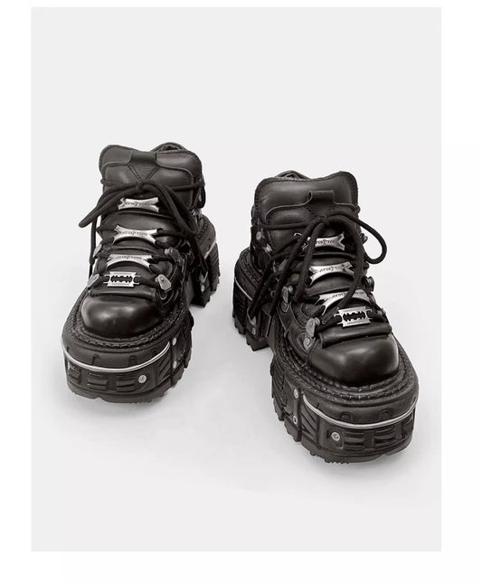 PU Leather Y2K Grunge Punk Platform Height Increase Derby Shoes for Men Casual Streetwear Mixed Color Thick Sole Sneakers with Skull Metal Accent Design (12,Black)