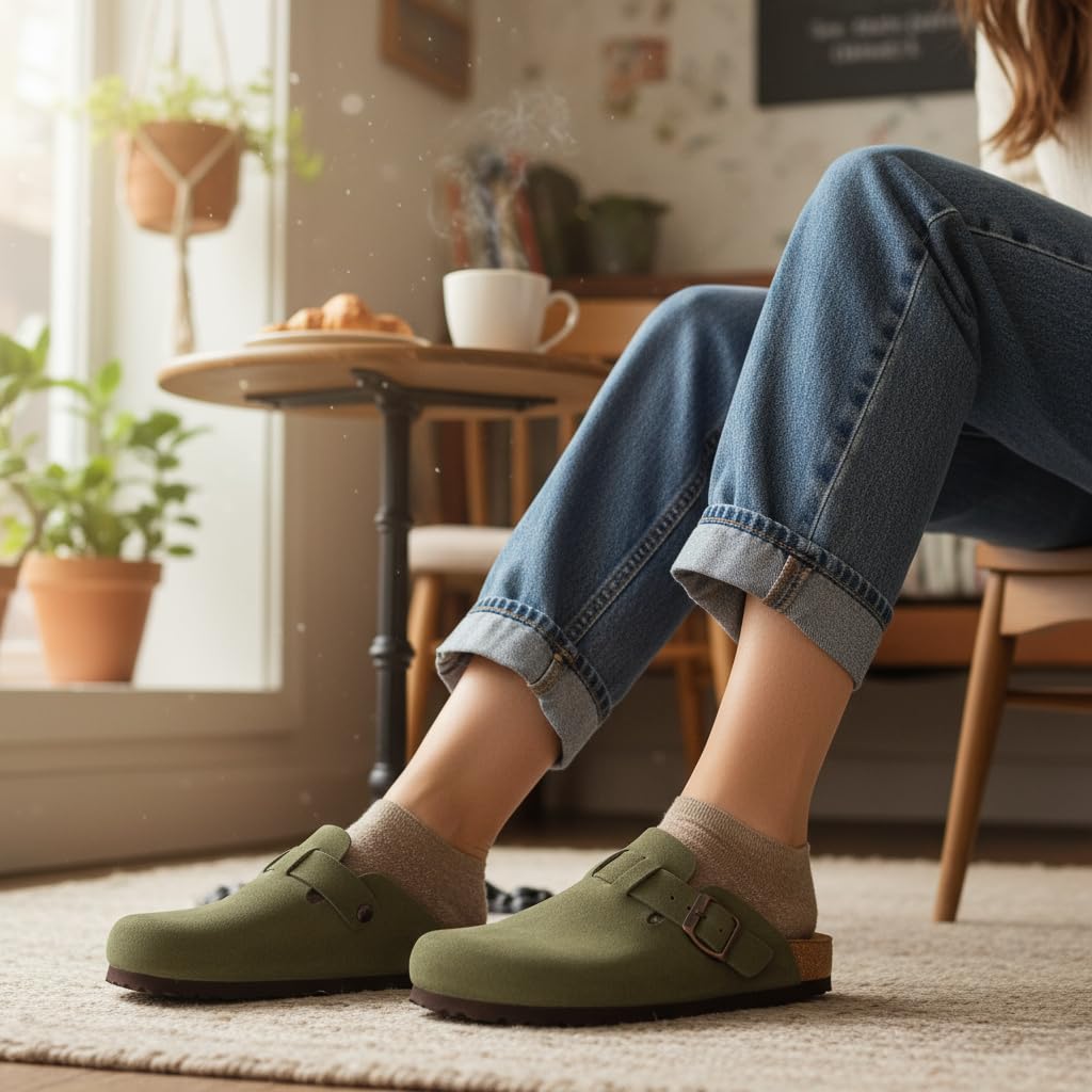 CUSHIONAIRE Hana - Genuine Leather Suede Classic Clog Womens Shoes - Slip On Mule Comfortable Shoes for Women, KHAKI 10W