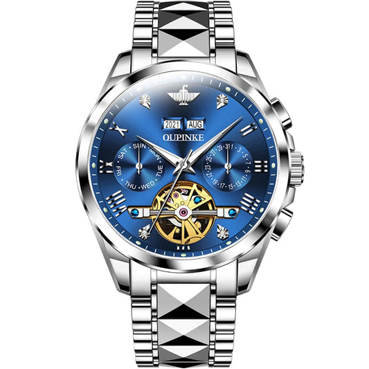 Men's Luxury Watch Automatic Mechanical Self Winding Sapphire Crystal Tungsten Stainless Steel Waterproof Two Tone Business Dress Watches (Blue)