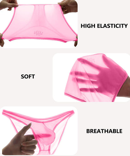 Men's Sexy Low Rise Briefs See-through Ice Silk Bikini Soft Sheer Bulge Pouch Underwear Pink XL