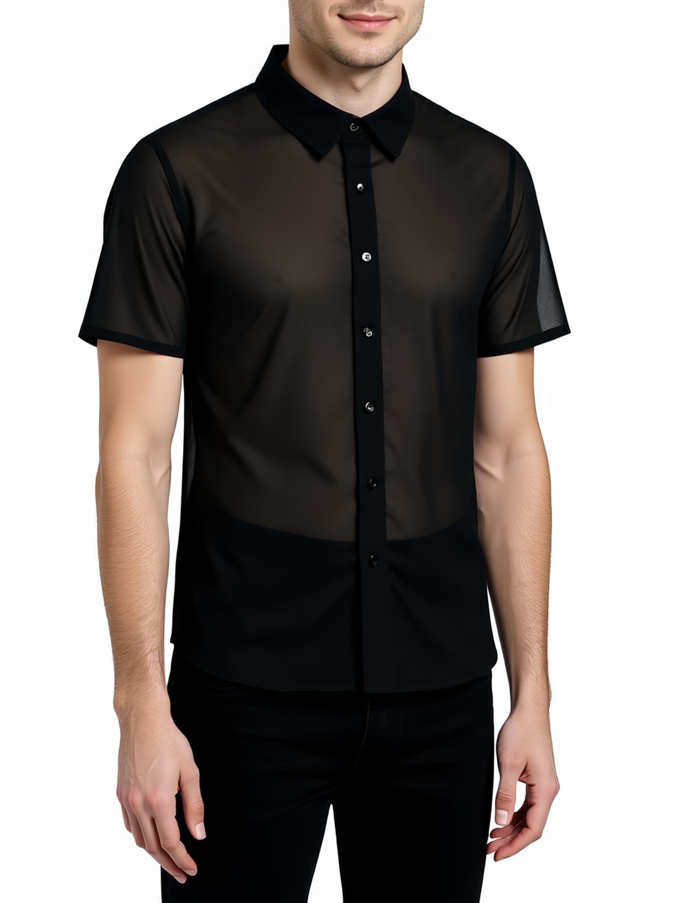 COOLOYA Men's Mesh Sheer Solid Short Sleeve Collar Button Front Party Shirt Tops Black M