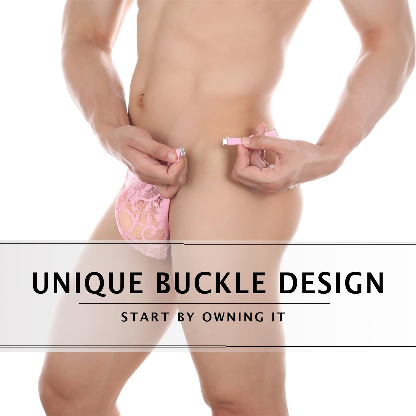 Mens Lace Thong Sexy Low Rise T-back G-string with Adjustable Stretch Waistband Comfortable Men's Thong Underwear Pink