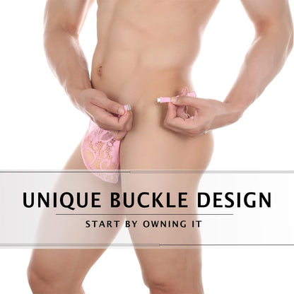 Mens Lace Thong Sexy Low Rise T-back G-string with Adjustable Stretch Waistband Comfortable Men's Thong Underwear Pink