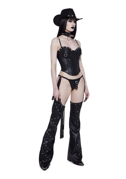 Dolls Kill Demanding Cowgirl Costume Set by Trickz N’ Treatz – Women’s Black Bustier Outfit with Chaps, Hat & Accessories – Black, XX-Large