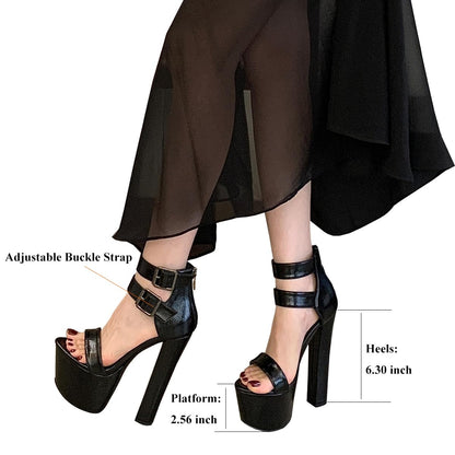 Black High Heels for Women Sexy Platform Open Toe Chunky Heels 6.3 Inch Heeld Sandals Party Prom Banquet Shoes (Black,8)