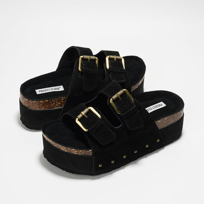 Project Cloud 100% Genuine Leather Platform Sandals Women - Memory Foam Insole with Two-Buckle - Non-Slip and Comfortable Wedge Sandals for Women 2026 (Oliy, BLK, 8.5)