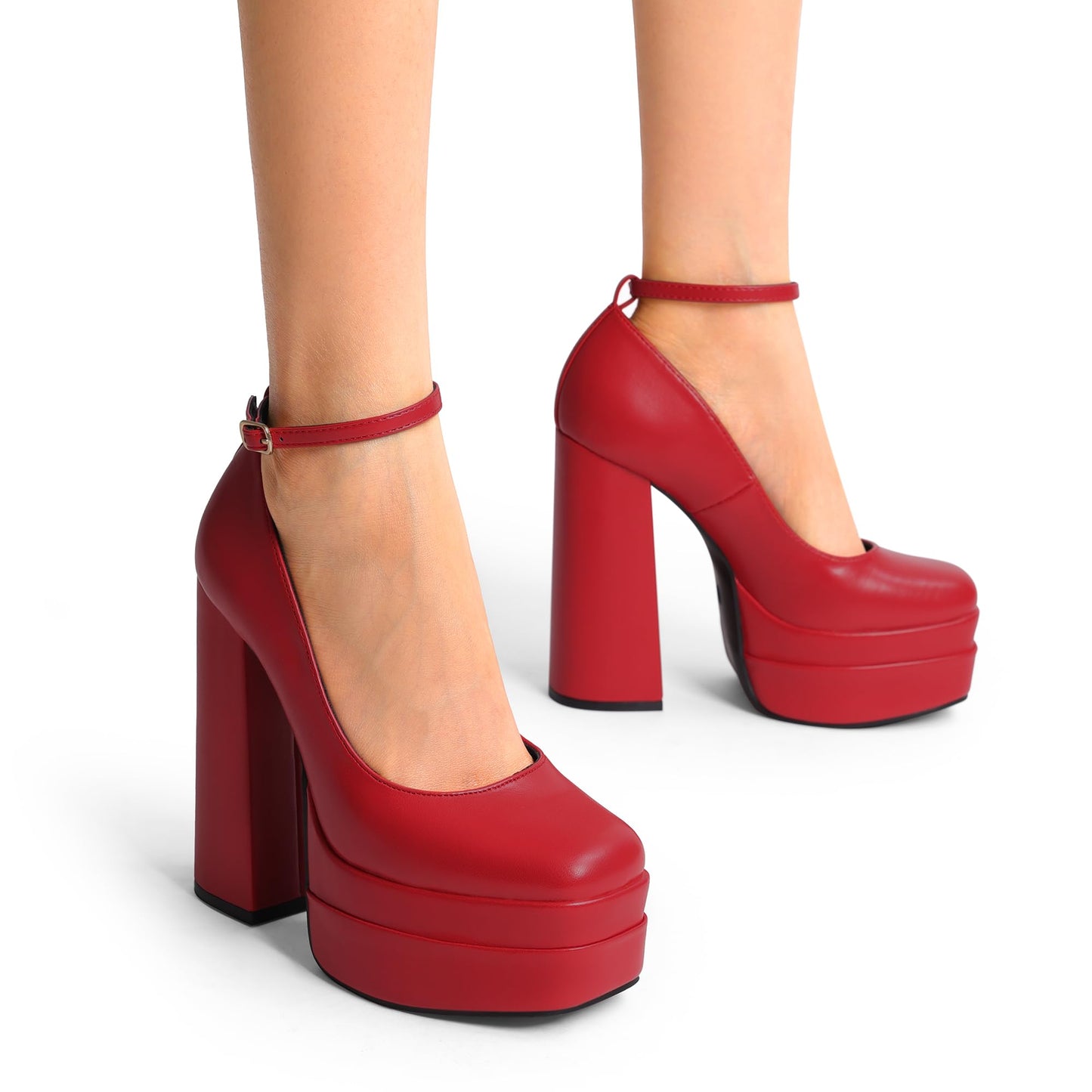 Women's Mary Jane Platform Heel Pumps,Size 7,Red-Pu