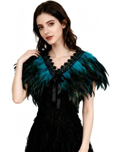 Women's Feather Collar Cape Shawl Gothic Witch Raven Peacock Costume, Blue