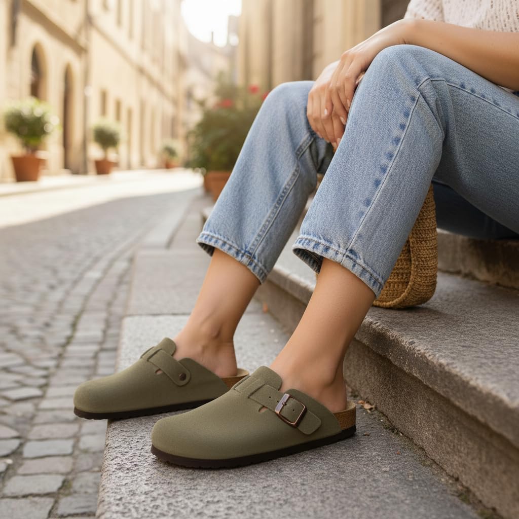 CUSHIONAIRE Hana - Genuine Leather Suede Classic Clog Womens Shoes - Slip On Mule Comfortable Shoes for Women, KHAKI 10W