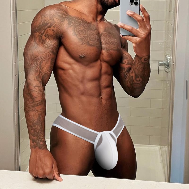 Meshal Men's Sheer Low Rise See Through Briefs Soft Breathable Bulge Pouch Sexy Underwear Black/White XXL