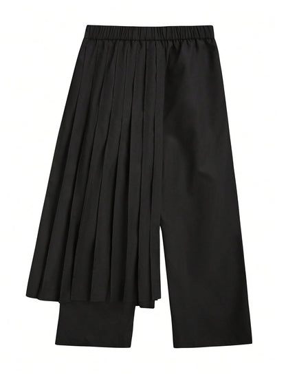OYOANGLE Men's Skirt Pants Loose Wide Leg Asymmetrical Pleated Japanese Harajuku Kimono Trousers Black Small