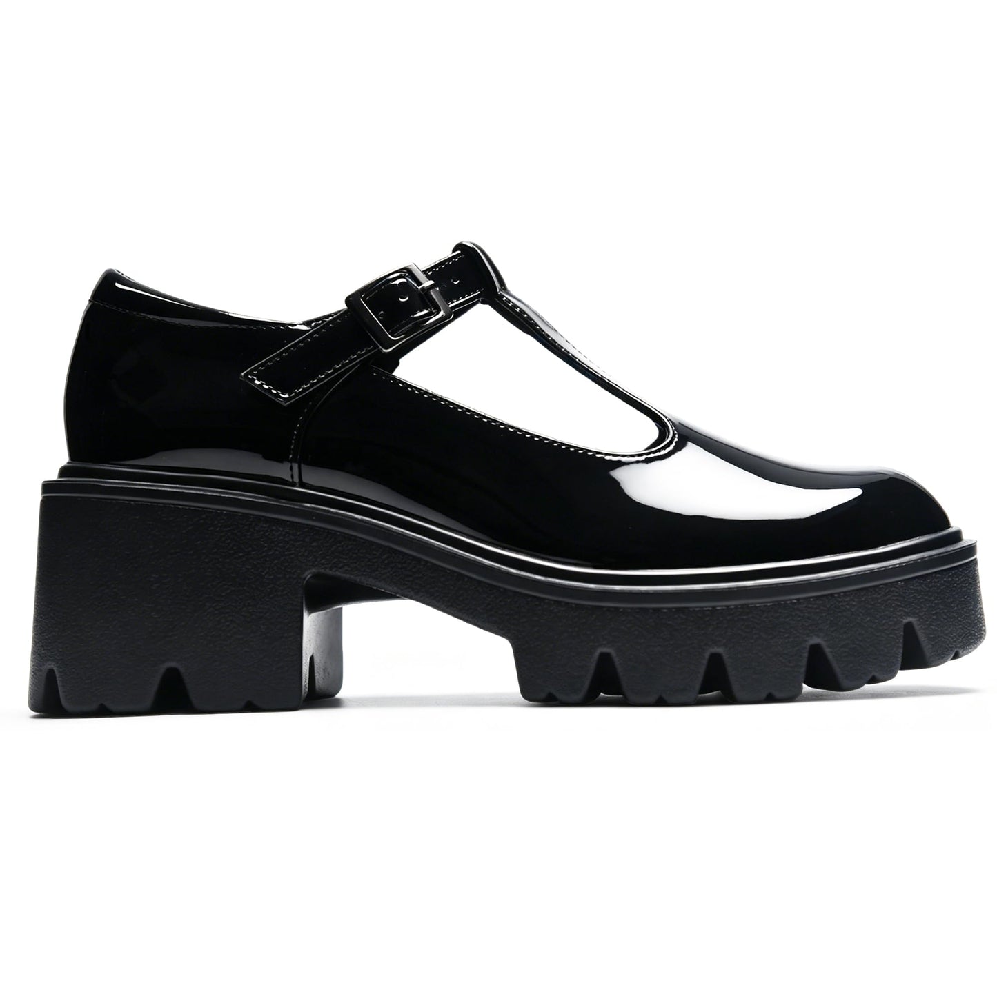 SHOOVA Black T-Strap Mary Jane Shoes for Women, Round Toe Block Heel Platform Patent Leather Dress Pumps