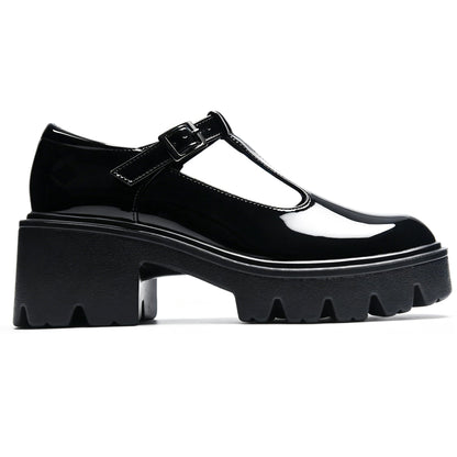 SHOOVA Black T-Strap Mary Jane Shoes for Women, Round Toe Block Heel Platform Patent Leather Dress Pumps