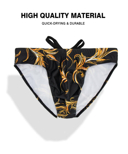 PAIZH Mens Swim Briefs Sexy Printed Bikini Swimwear Low Waist Bathing Suit with Drawstring Black Gold L
