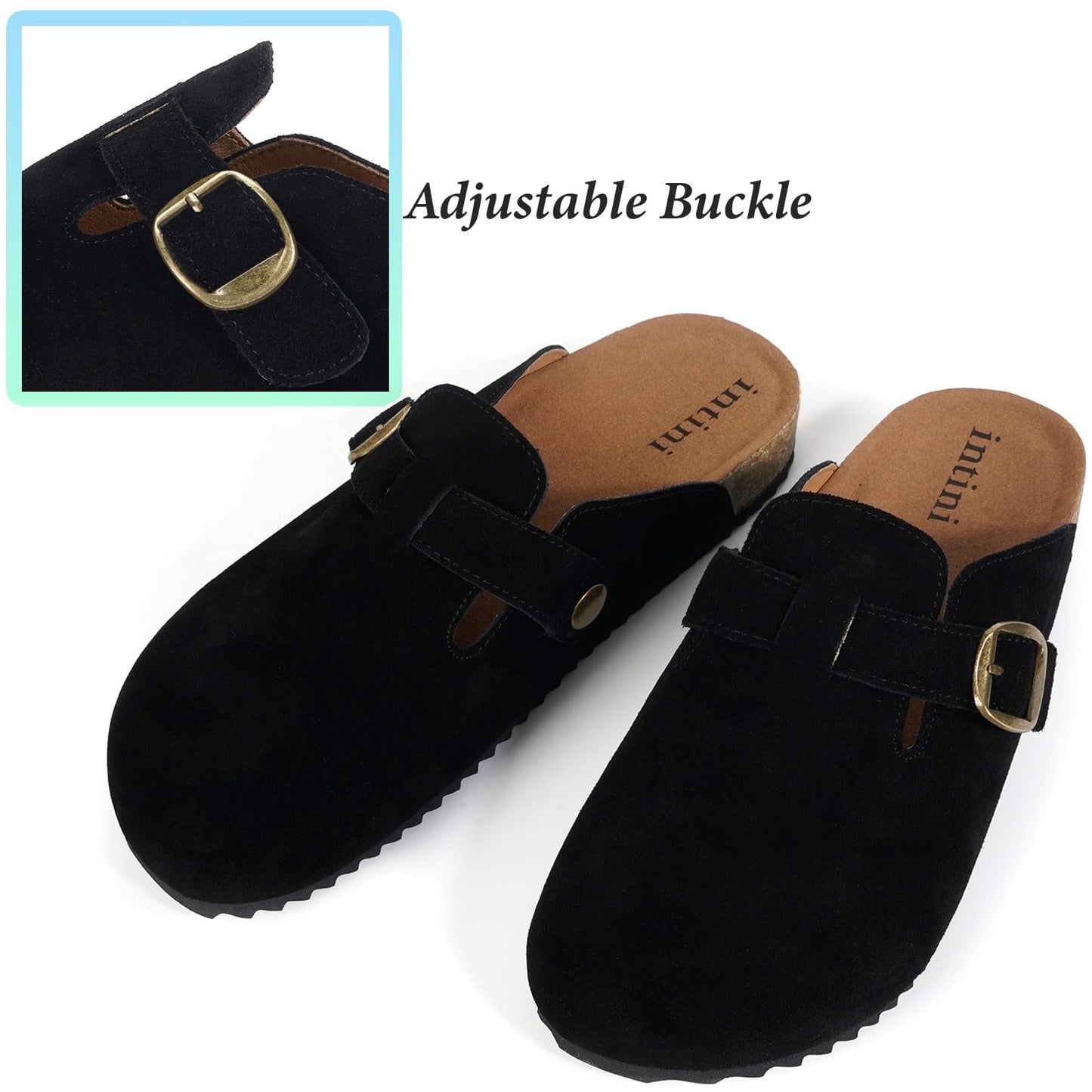 Genuine Suede Clogs for Mens Womens Leather Clogs Adjustable Buckle Cork Footbed Home Slippers Sandals Black