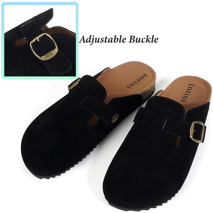 Genuine Suede Clogs for Mens Womens Leather Clogs Adjustable Buckle Cork Footbed Home Slippers Sandals Black