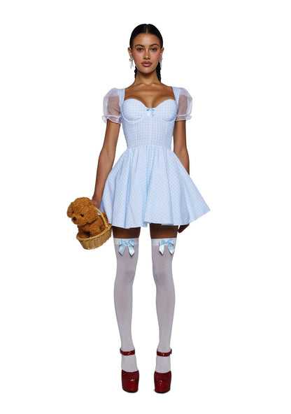 Dolls Kill Kansas Bound Costume Set by Trickz N’ Treatz – Women’s Gingham Mini Dress with Puff Sleeves & Flared Skirt, X-Large