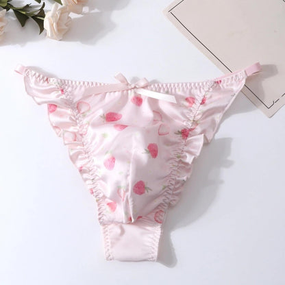 Sissy Pouch Panties Men's - Cute Pink Satin Lace Briefs Bikini Sexy Pouch G-String Thongs Underwear for Men (Tie-side,Medium)
