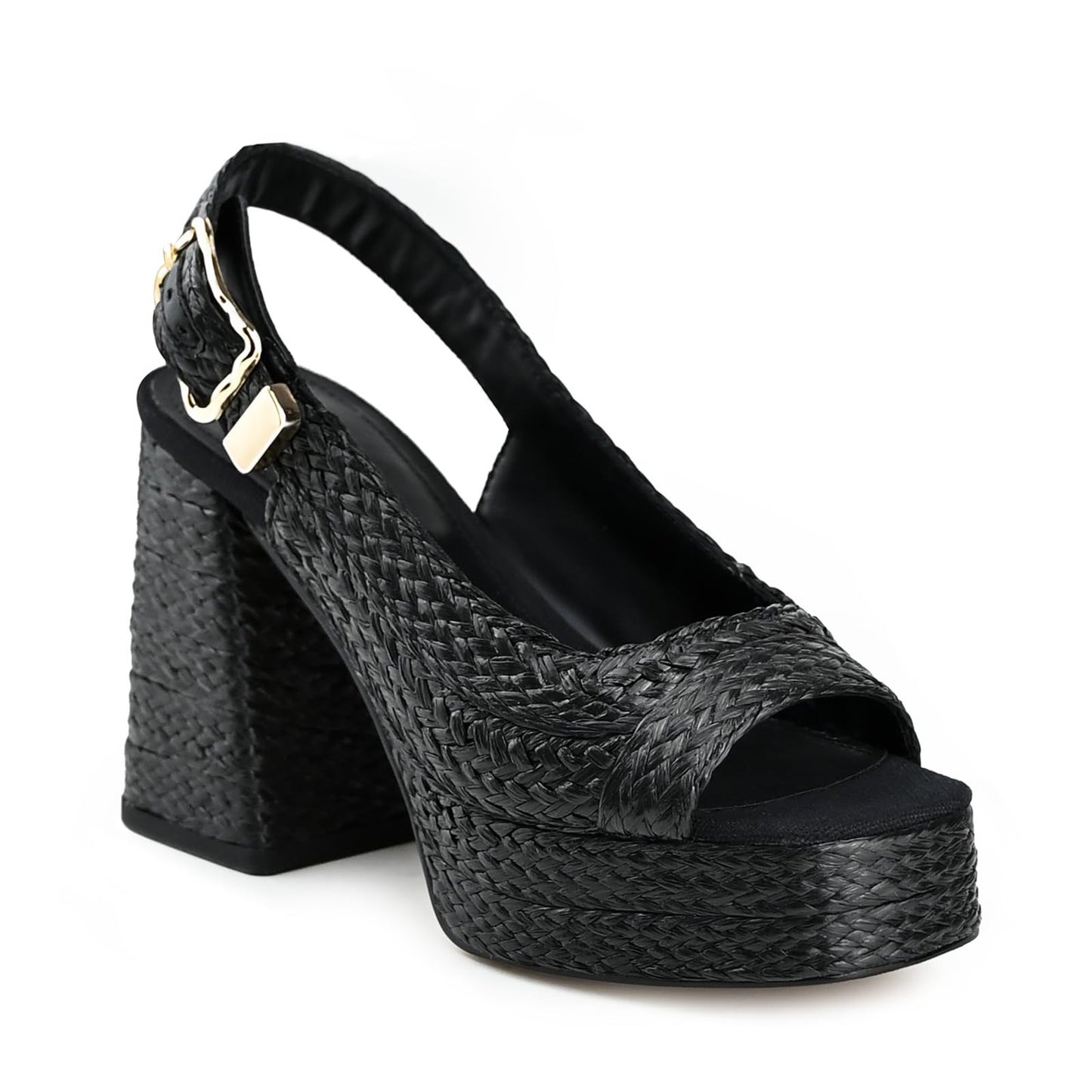 Women's Retro Woven Platform Heels Black Chunky Block Heel Open Toe Slingback Summer Vacation Raffia Beach Boho Vintage Wedge Sandals