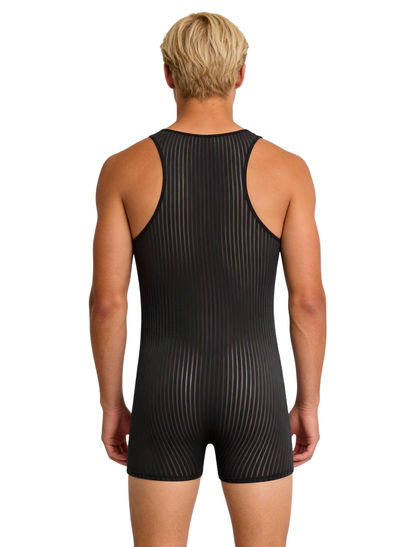 ABAFIP Men's Sexy Lingerie Bodysuit Stripe Mesh See Through Shorts Romper Sheer Underwear Black Medium