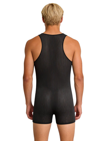 ABAFIP Men's Sexy Lingerie Bodysuit Stripe Mesh See Through Shorts Romper Sheer Underwear Black Medium