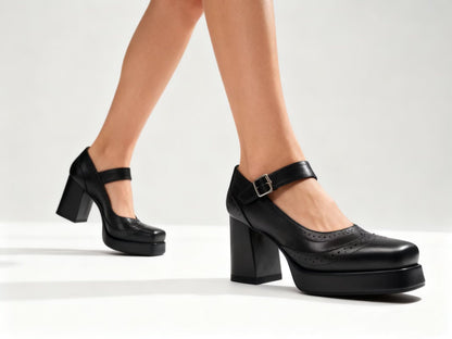Platform Mary Jane Heels for Women Chunky Low Block Heels Patent Mary Jane Round Toe Pumps with Buckle Strap Retro Fashion Closed Toe Dress Shoes