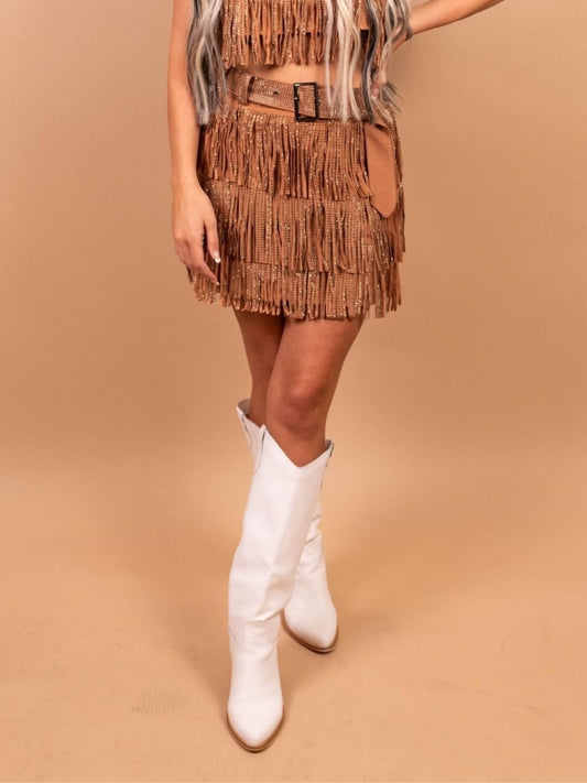 ChiyeeKiss Womens Sparkle Rhinestone Fringe Skirt Elastic Waistband Short Mini Dress with Adjustable and Removable Belt(0002-Brown-M)