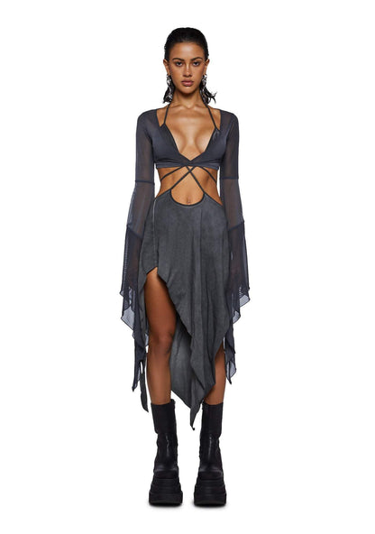 Dolls Kill Echo Asymmetrical Mesh Wrap Dress by Darker WAVS, Dark Gray, Large