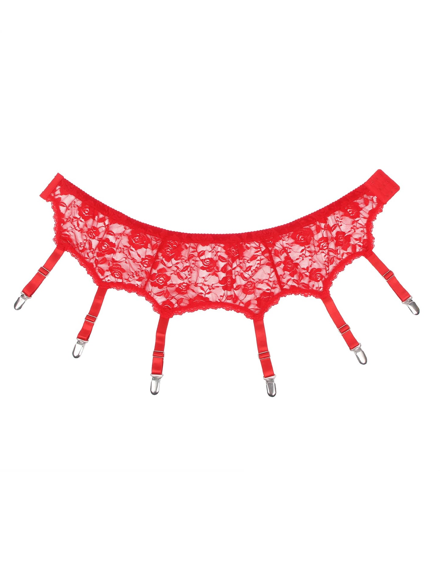 Men's 6-Strap High-Waist Red Lace Garter Belt with Metal Clamps Adjustable Suspenders Garter Belts for Thigh Highs, M