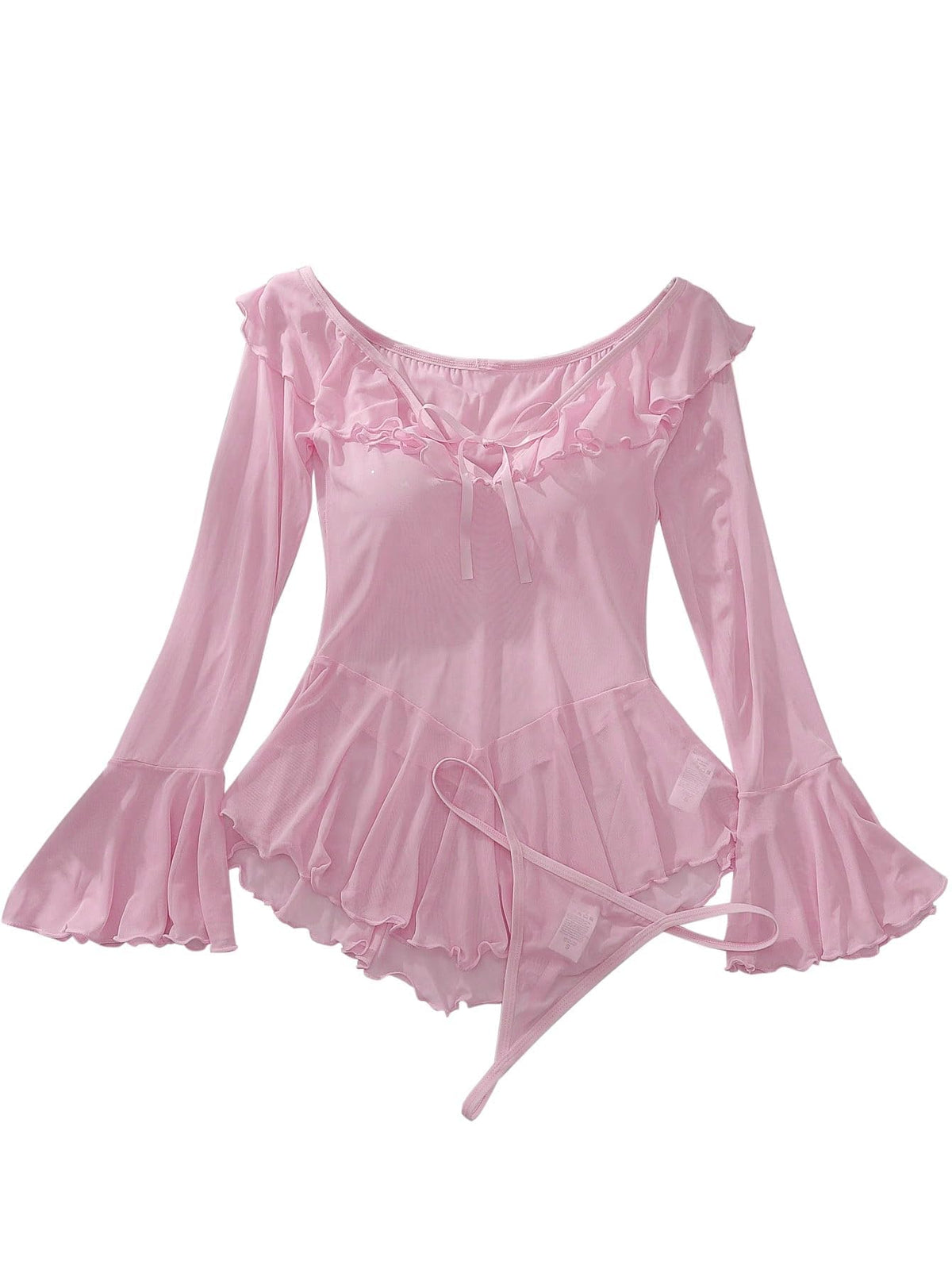 Sheer Ruffle Long Sleeve Babydoll Lingerie Dress Pink M