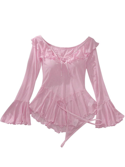 Sheer Ruffle Long Sleeve Babydoll Lingerie Dress Pink M