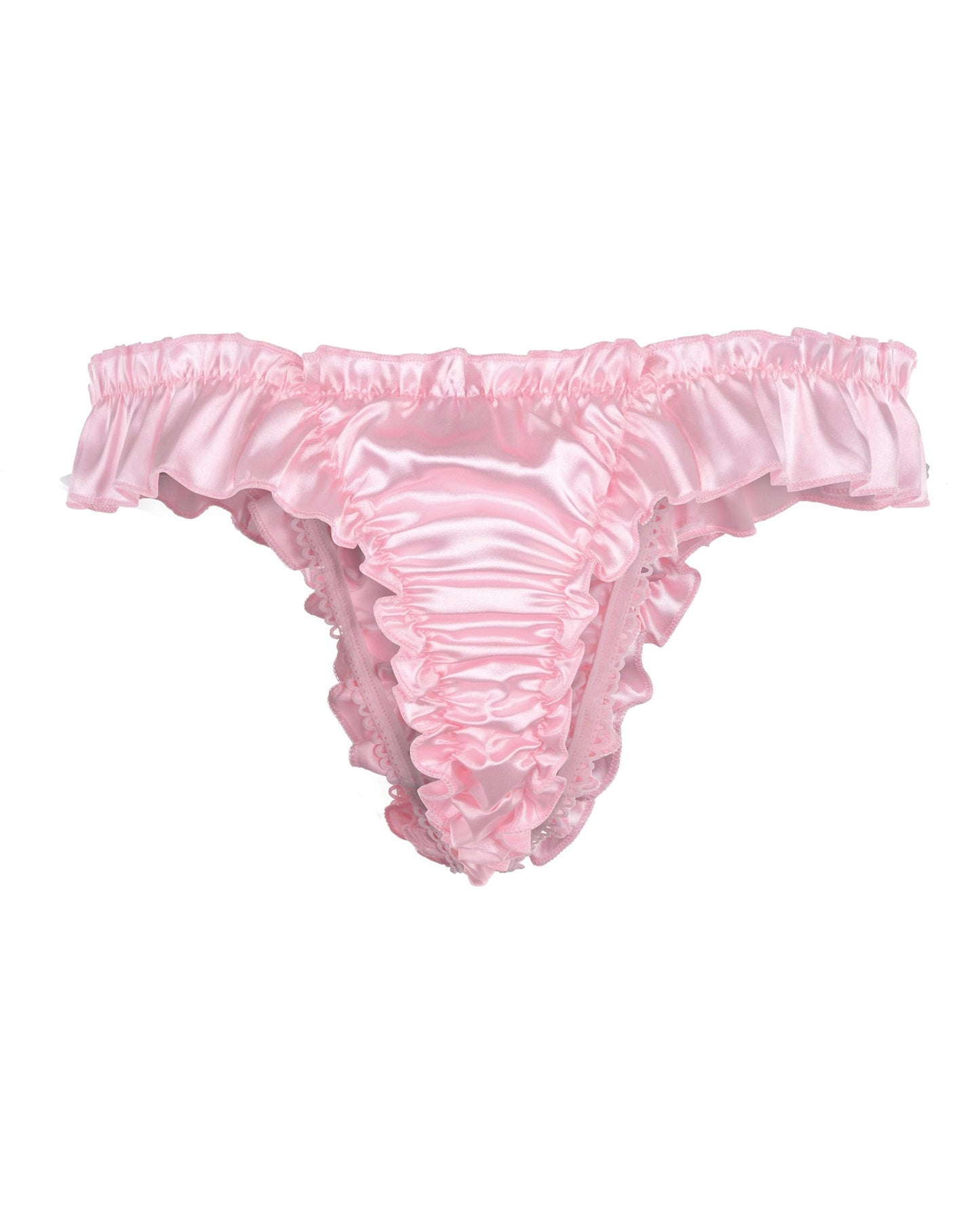 Satini Men's Satin Ruffle Low Rise Sissy Thong Tanga Knickers Briefs Panties (Baby Pink, L)