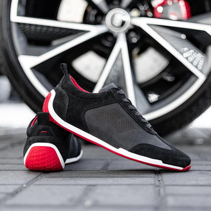 Piloti Icona Driving Shoes for Men, Italian Suede Performance Everyday Driving Sneakers for Men,Black/Red,10
