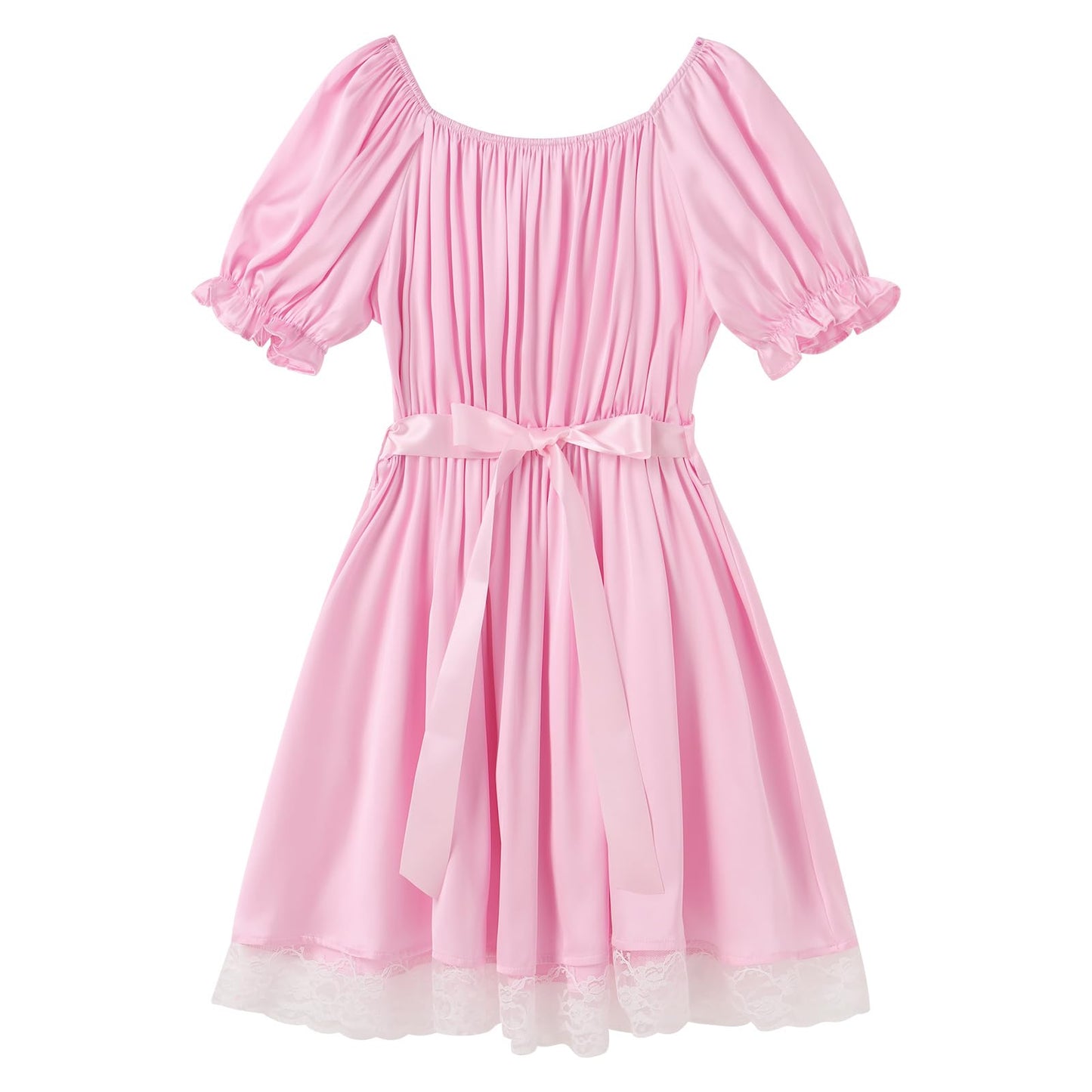 Sissy Mini Nightdress for Men Frilly Ruffle Square Neck Bowknot Lace Trim Satin Ruffle Nightdress Light Pink One Size