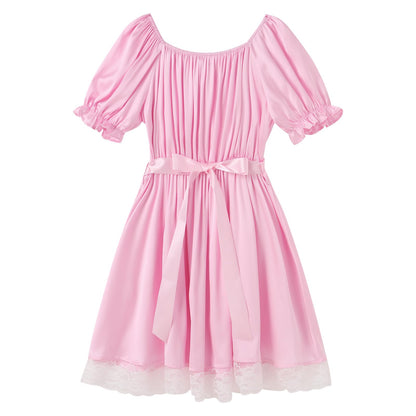 Sissy Mini Nightdress for Men Frilly Ruffle Square Neck Bowknot Lace Trim Satin Ruffle Nightdress Light Pink One Size