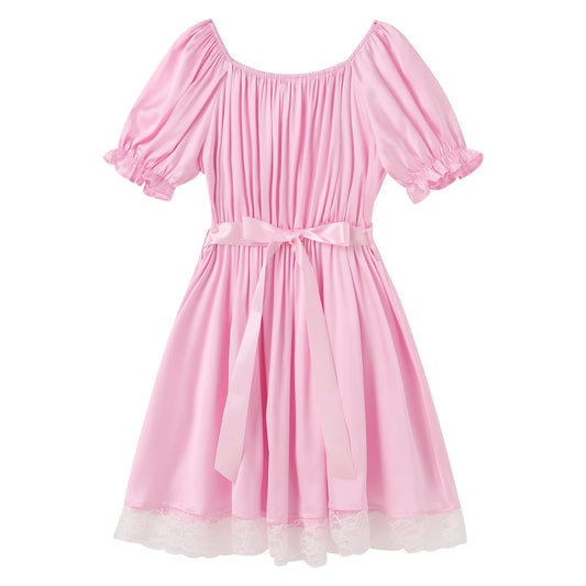 Sissy Mini Nightdress for Men Frilly Ruffle Square Neck Bowknot Lace Trim Satin Ruffle Nightdress Light Pink One Size