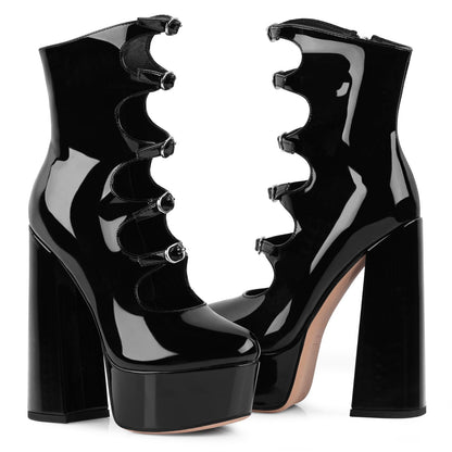 Black Platform Boots for Women, Black Patent Leather Chunky Platform Heels Goth Boots, Strap Buckle Side Zipper Gothic Block Heels