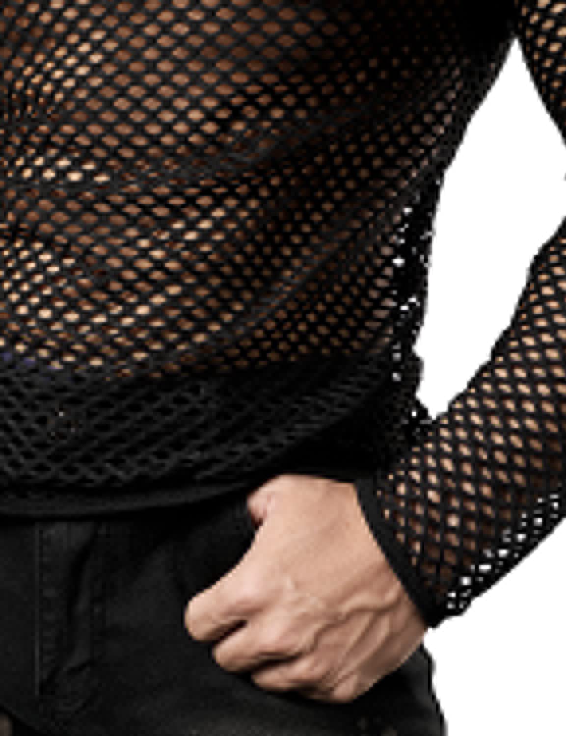 Gay Men's Mesh Fishnet Fitted Long Sleeve  Black