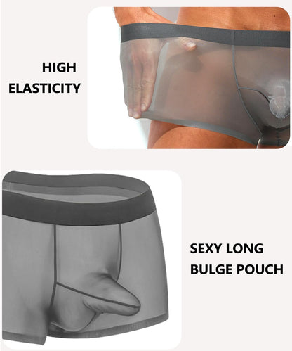 PAIZH Mens Sexy See Through Underwear Ice Silk Boxer Briefs Ultra Thin Trunks Soft Bulge Pouch Sheer Boxer Shorts Deep Grey M