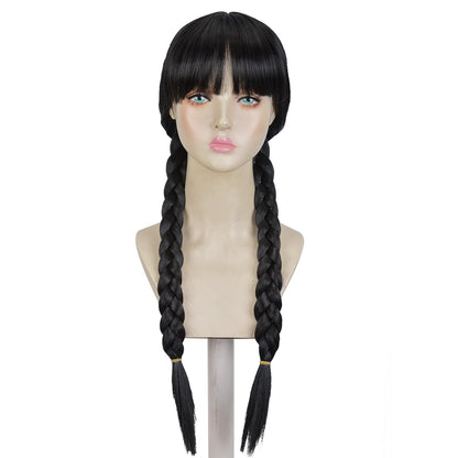 Aeilene Wednesday Long Black Braids Wig with Bangs and Pigtails for Party Costume Halloween