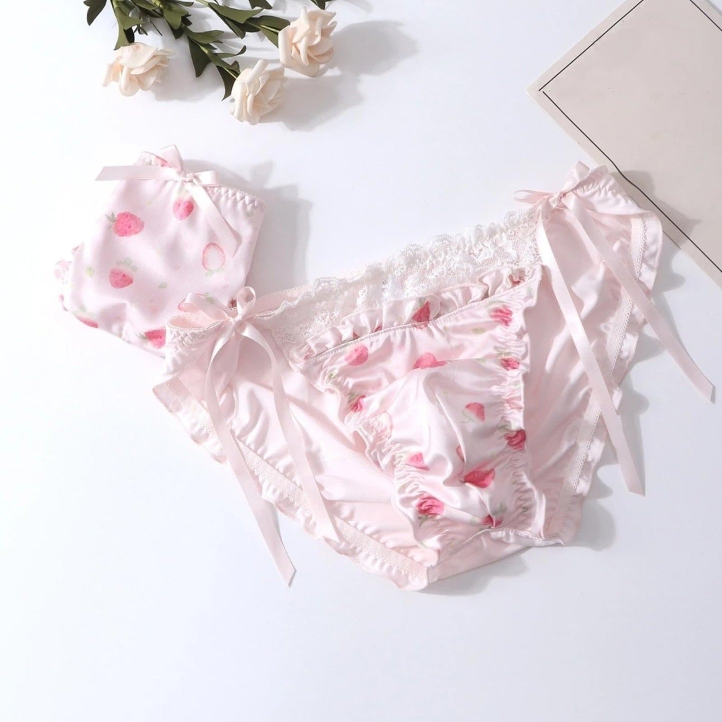 Sissy Pouch Panties Men's - Cute Pink Satin Lace Briefs Bikini Sexy Pouch G-String Thongs Underwear for Men (Tie-side,Medium)
